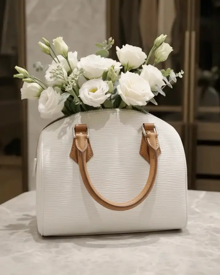 Un vase blanc en forme de sac à main, à la paroi nervurée et aux anses plus foncées, garni de roses blanches, posé sur un plateau de marbre.